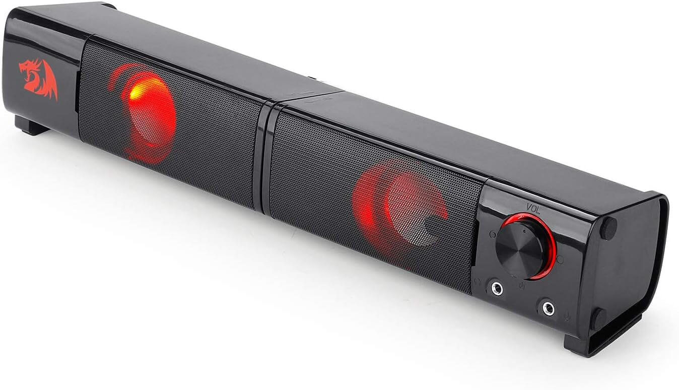 Redragon GS550 Orpheus PC Gaming Speakers, 2.0 Channel Desktop Computer Sound Bar with Compact Maneuverable Size, Headphone Jack, Quality Bass & Decent Red Backlit, USB Powered w/ 3.5mm Cable Redragon GS550 Orpheus PC Gaming Speakers, 2.0 Channel Desktop Computer Sound Bar with Compact Maneuverable Size, Headphone Jack, Quality Bass & Decent Red Backlit, USB Powered w/ 3.5mm Cable